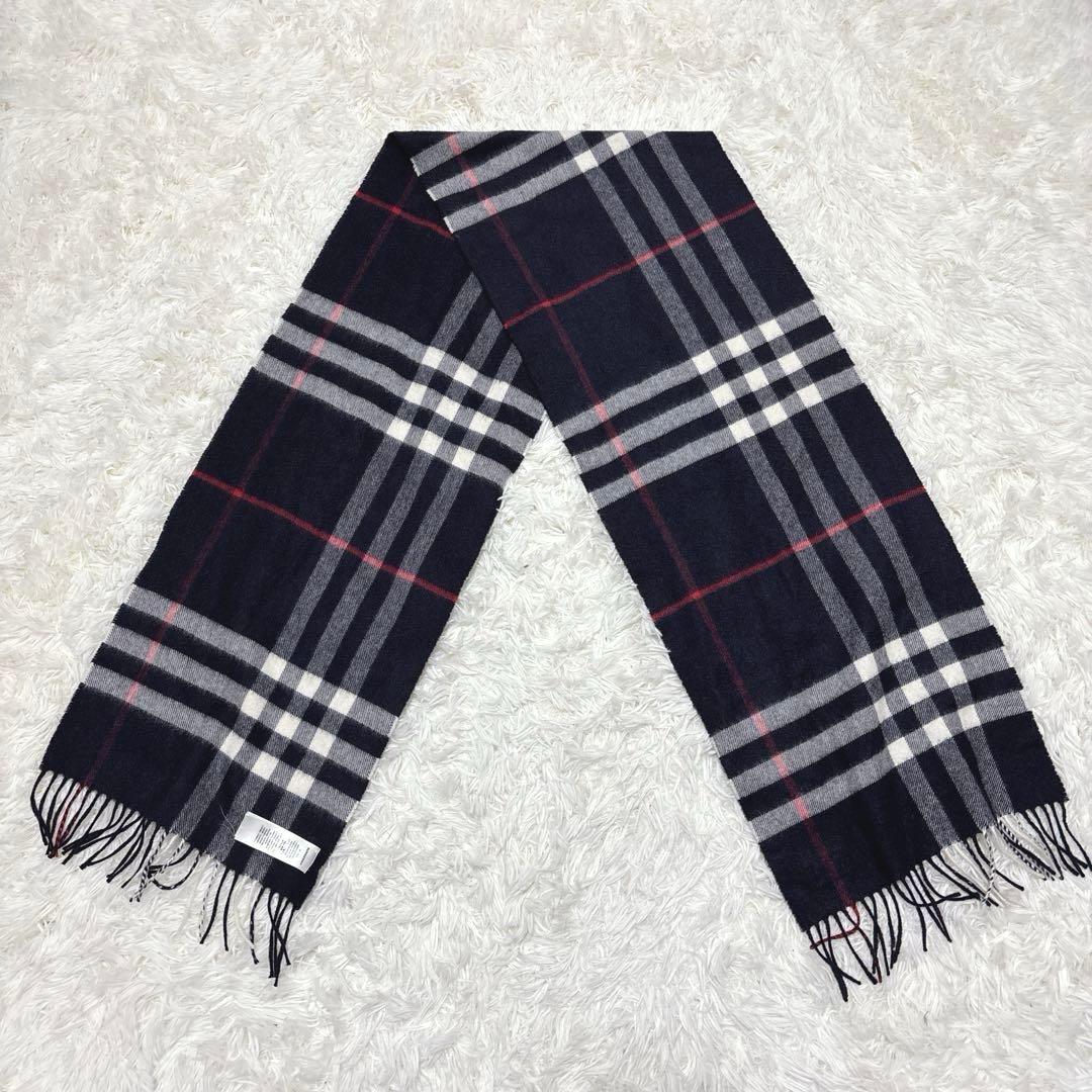 現行☆BURBERRY バーバリー　カシミヤマフラー　チェック　ネイビー