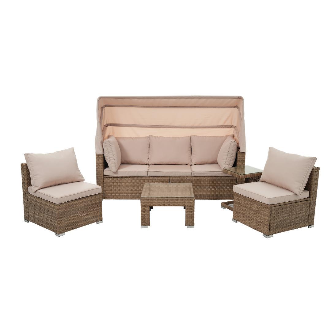 パラソル付き ガーデンファニチャー 5点 ガーデン テーブル チェアー ラタン調