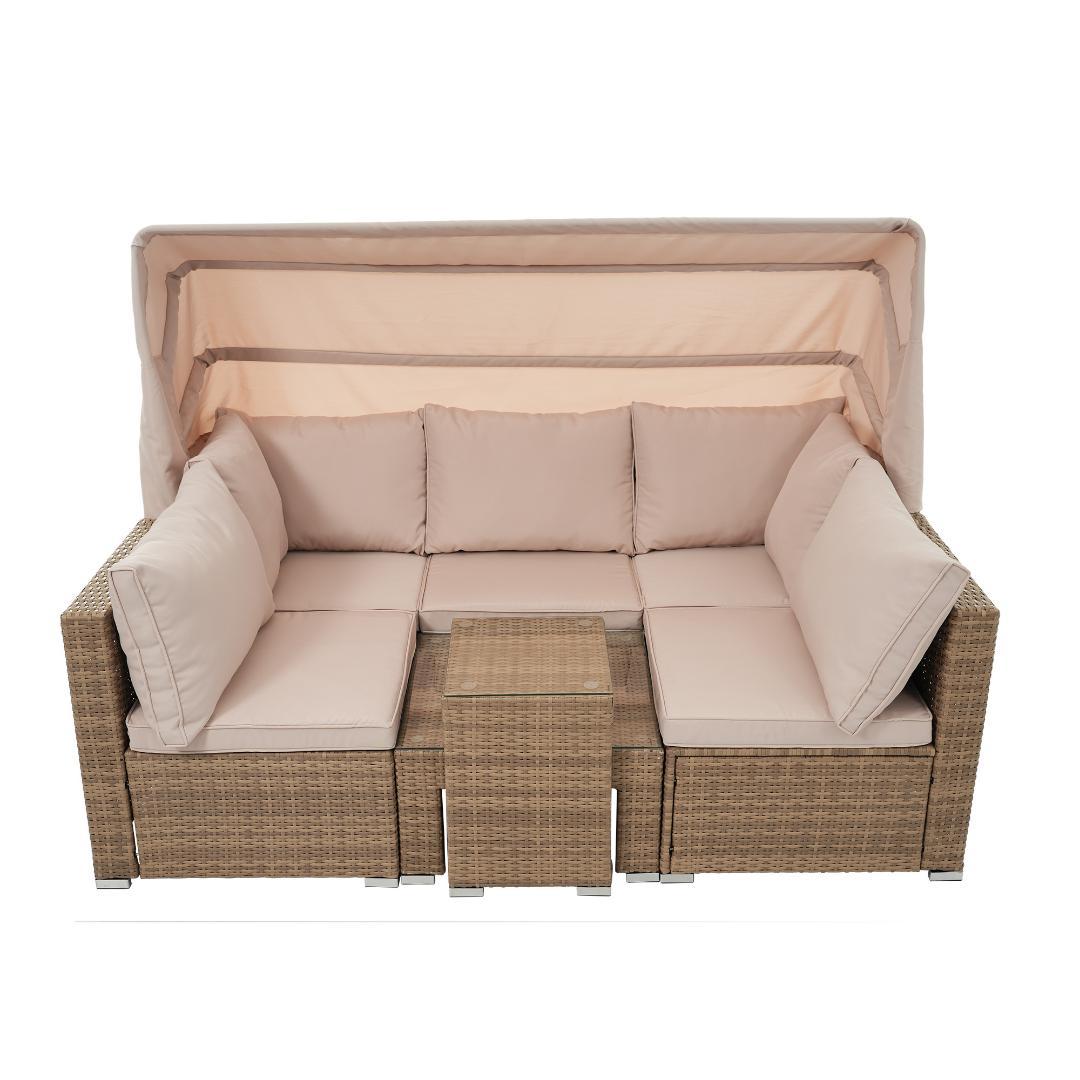 パラソル付き ガーデンファニチャー 5点 ガーデン テーブル チェアー ラタン調