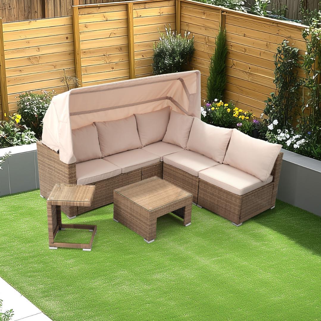 パラソル付き ガーデンファニチャー 5点 ガーデン テーブル チェアー ラタン調