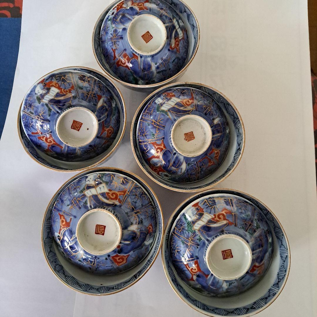 江戸中期　極上品　向付　蓋付　金彩赤絵　　竹林三賢人文　角福　五客セット