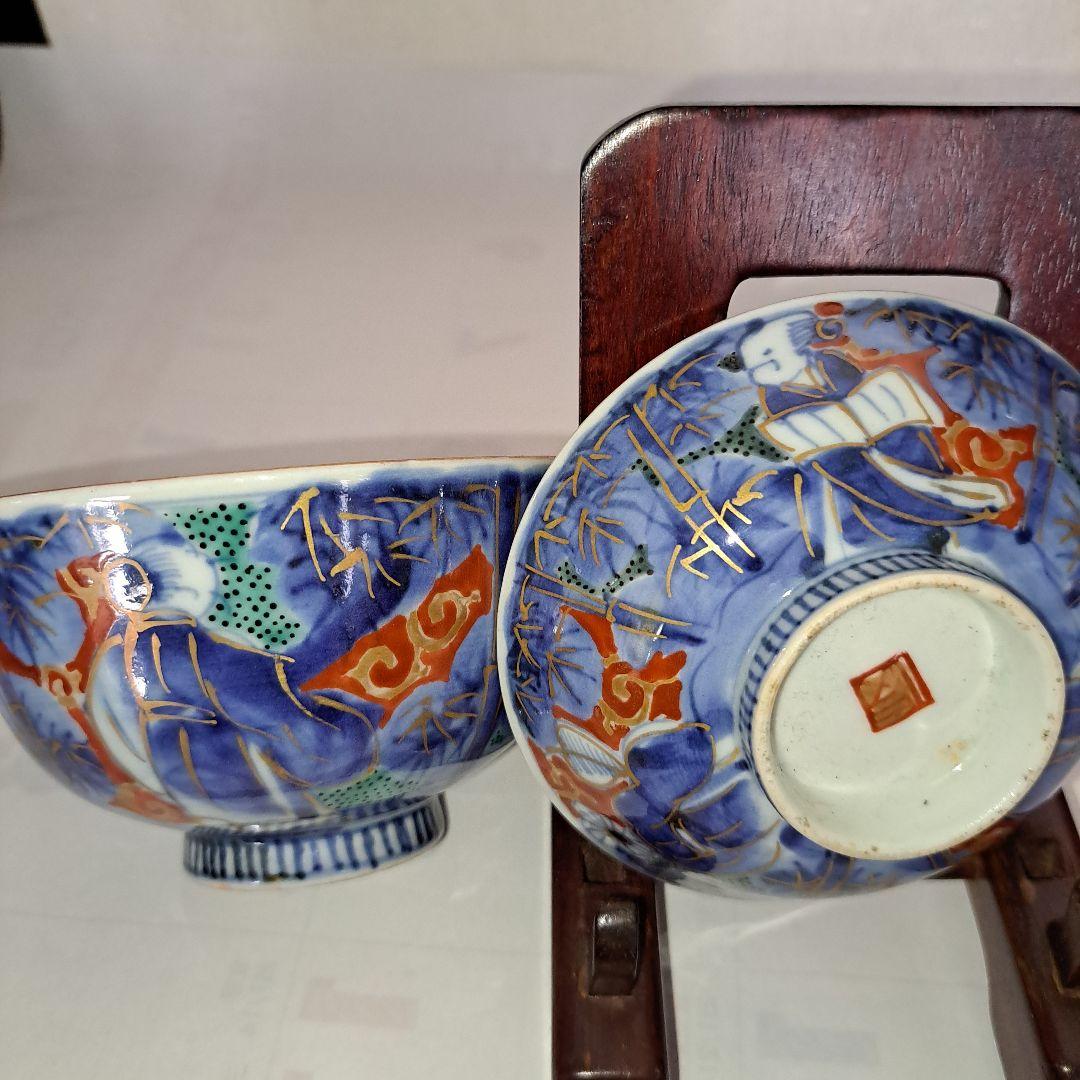 江戸中期　極上品　向付　蓋付　金彩赤絵　　竹林三賢人文　角福　五客セット