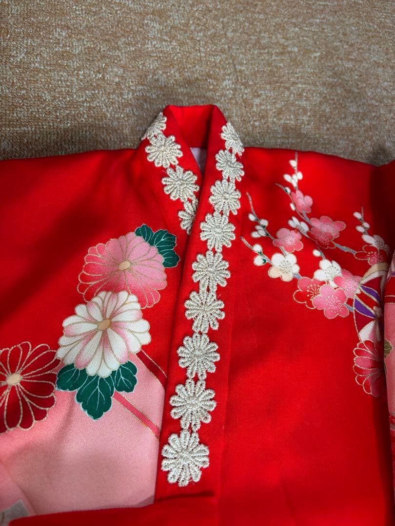7歳七五三着物 赤色 花柄刺繍モチーフ付き　全セット