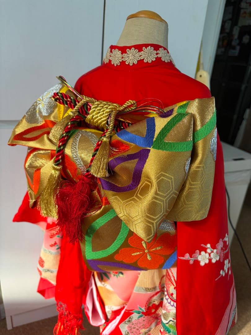 7歳七五三着物 赤色 花柄刺繍モチーフ付き　全セット