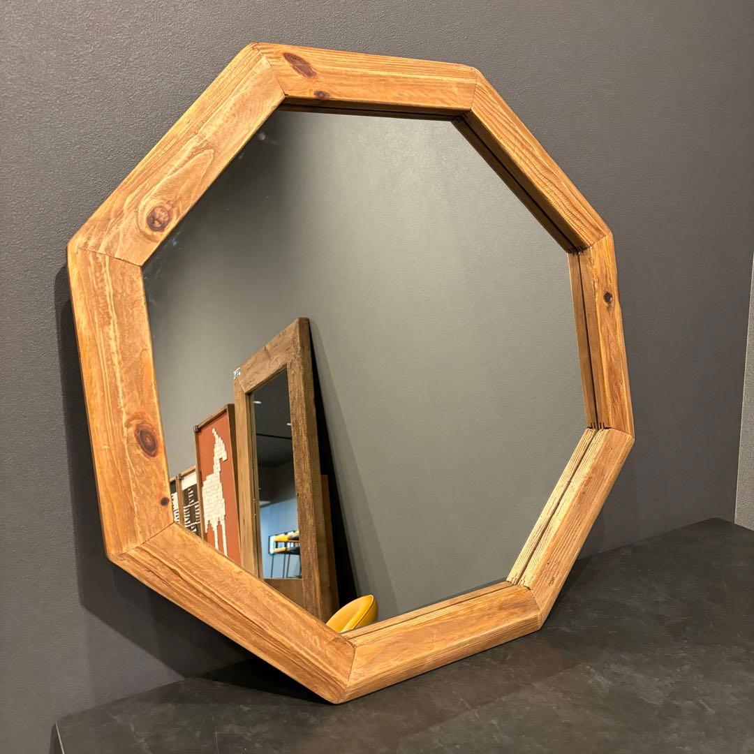 鏡　ミラー　壁掛け　立て掛け　木製フレーム　お洒落　ウッドフレーム　八角形　円形
