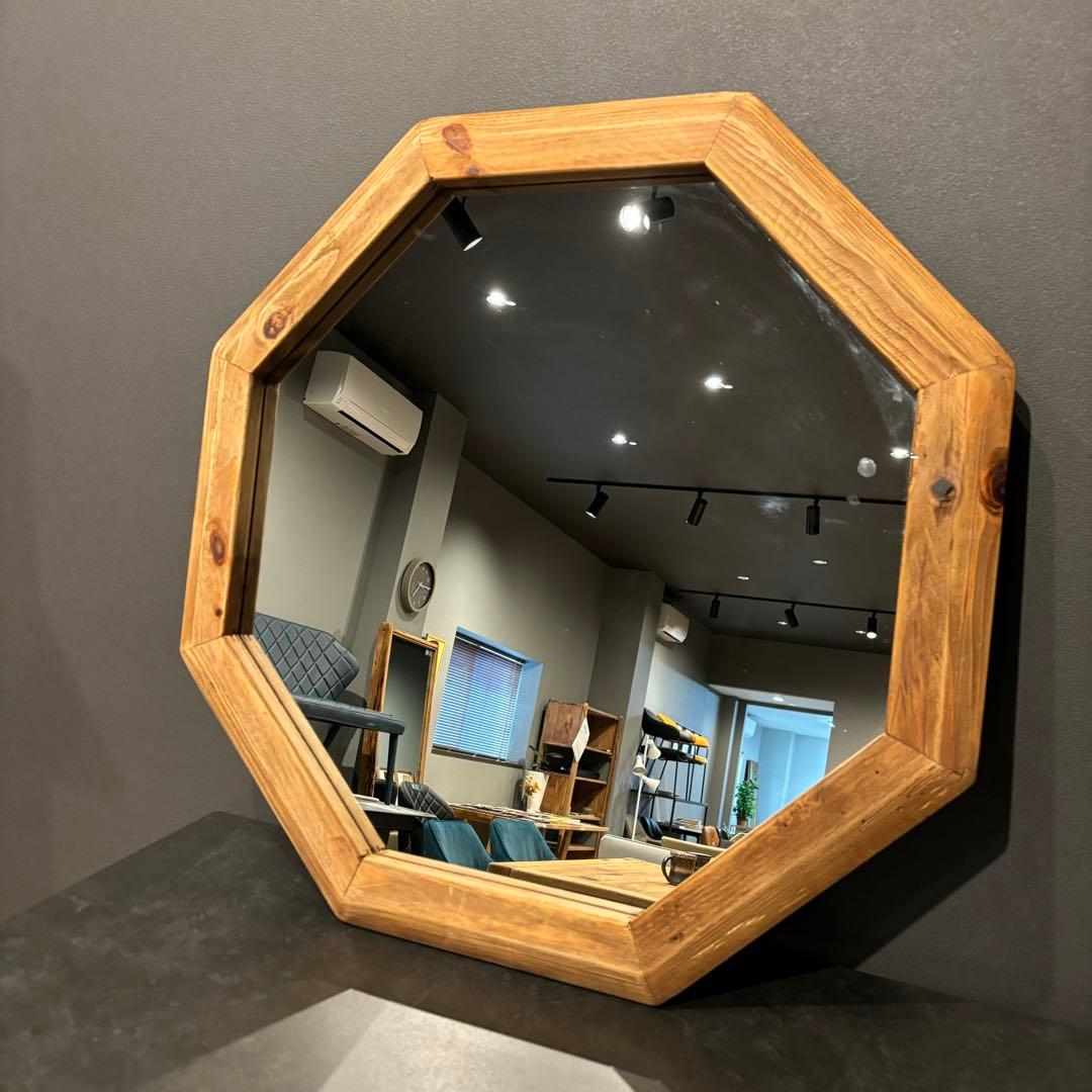 鏡　ミラー　壁掛け　立て掛け　木製フレーム　お洒落　ウッドフレーム　八角形　円形