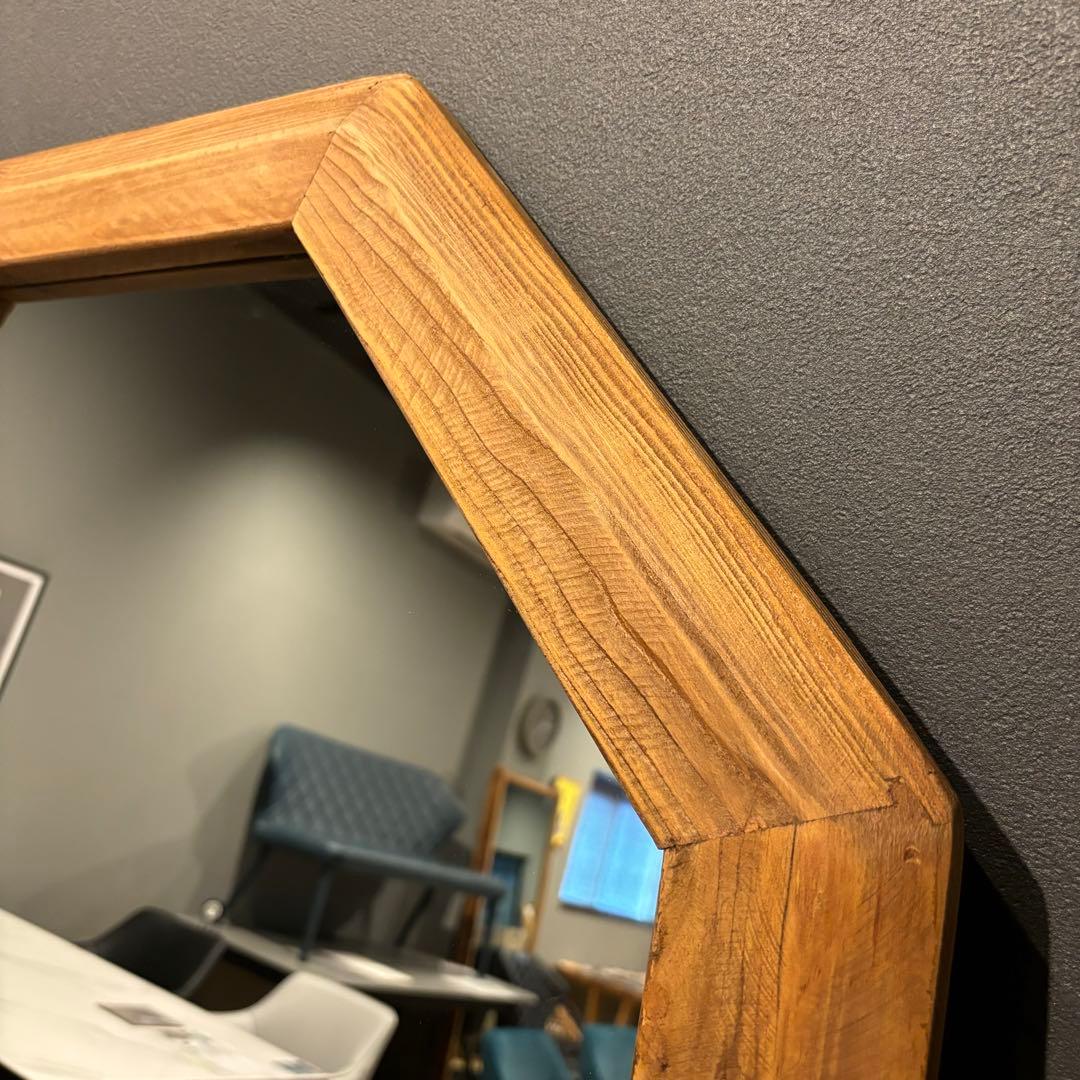 鏡　ミラー　壁掛け　立て掛け　木製フレーム　お洒落　ウッドフレーム　八角形　円形