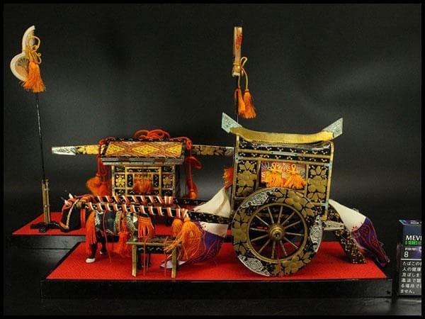 古い ミニチュア 雛道具 木製 蒔絵 牛車 駕籠 セット(ZE360)