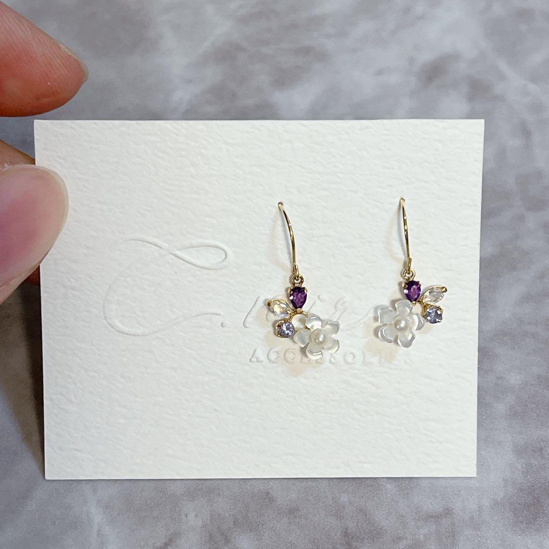 【新品未使用】 K18 YG ピアス 天然石 お花 ジュエリー 18金