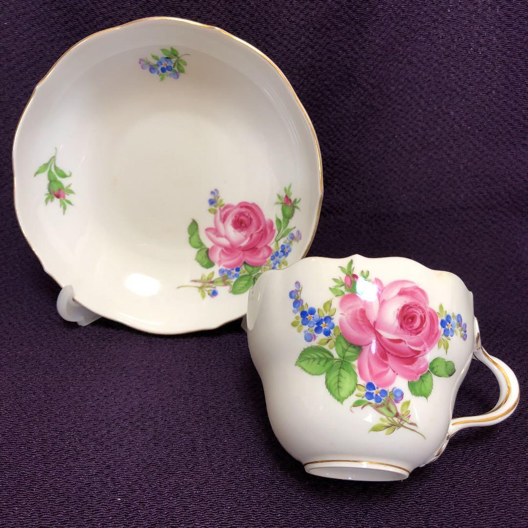 マイセン カップ&ソーサー&プレート[ピンクローズ＆(勿忘草)希少品]￼2客組