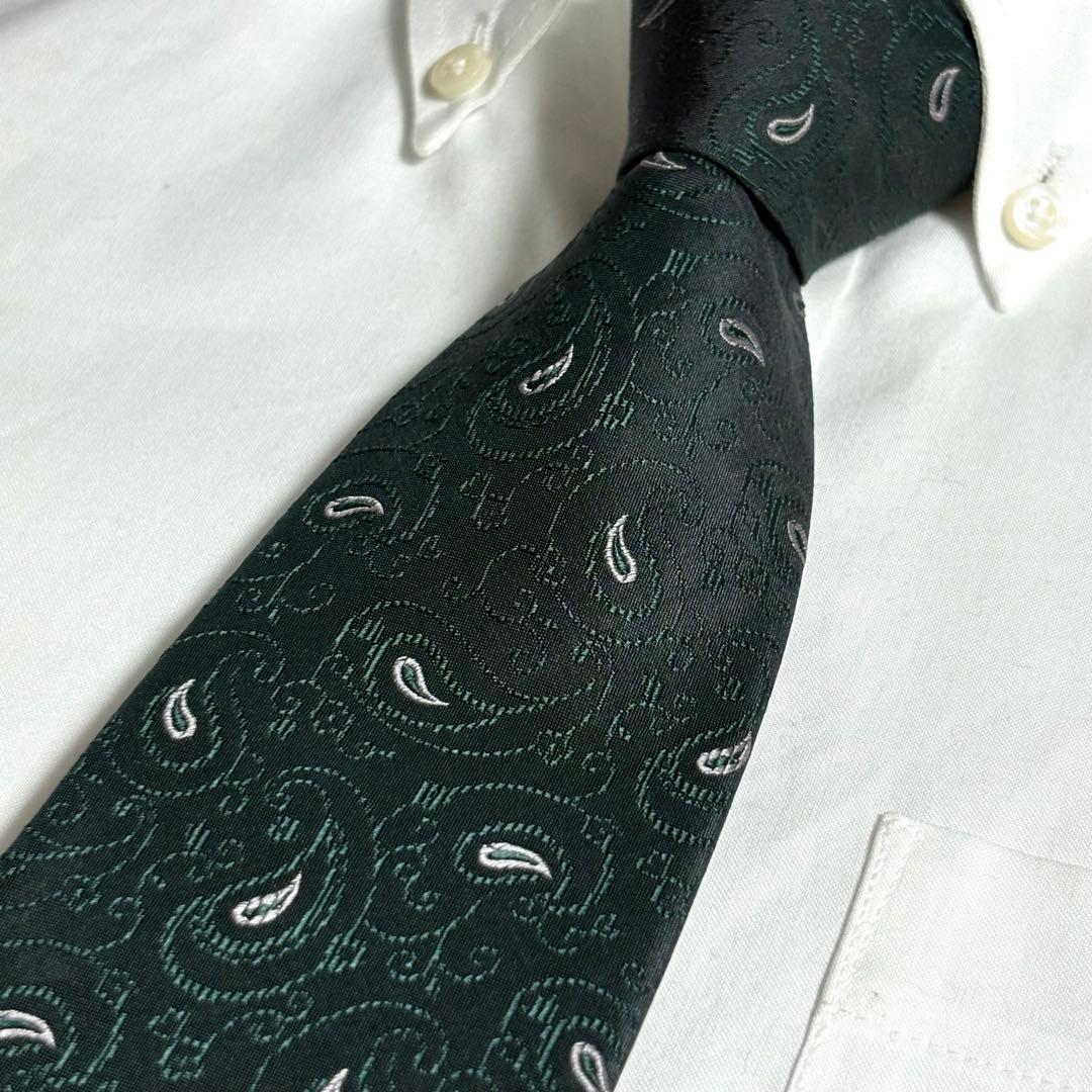 Christian Dior ネクタイ グリーン 深緑 ペイズリー柄 ロゴ