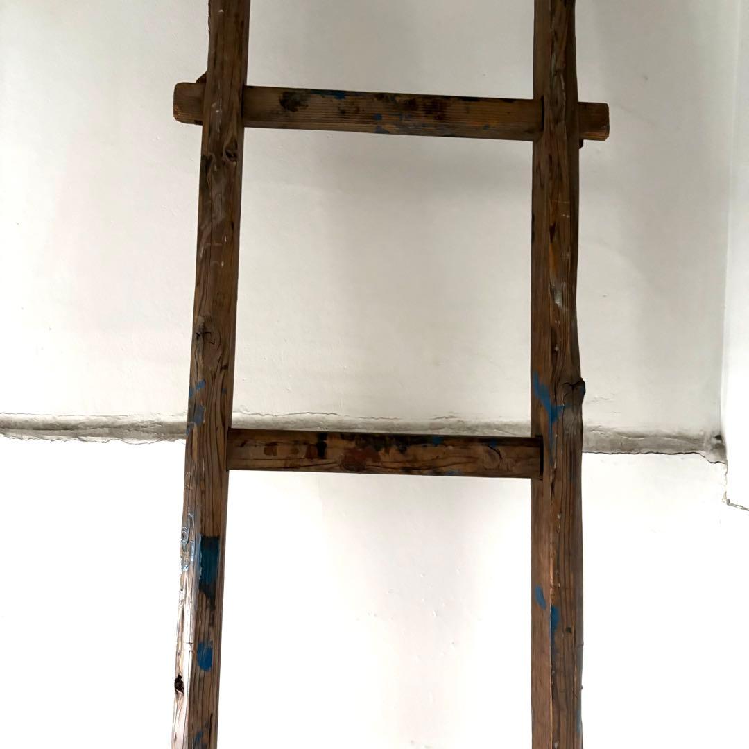 引き取り限定 昭和 レトロ 木製 古い長い梯子 ハシゴ グリーン ハンギング