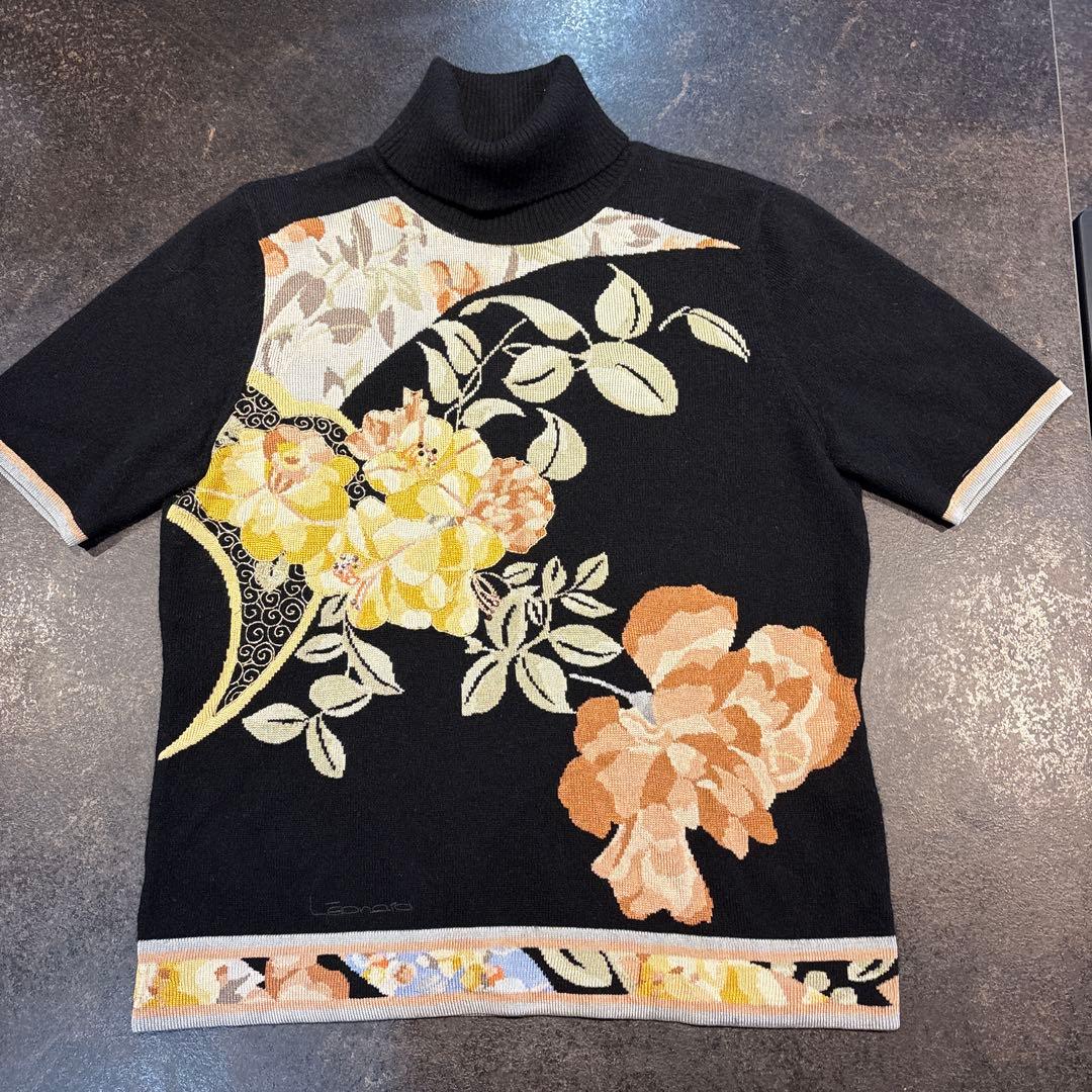 レオナール花柄タートルネック半袖ニット　カシミア　Lサイズ