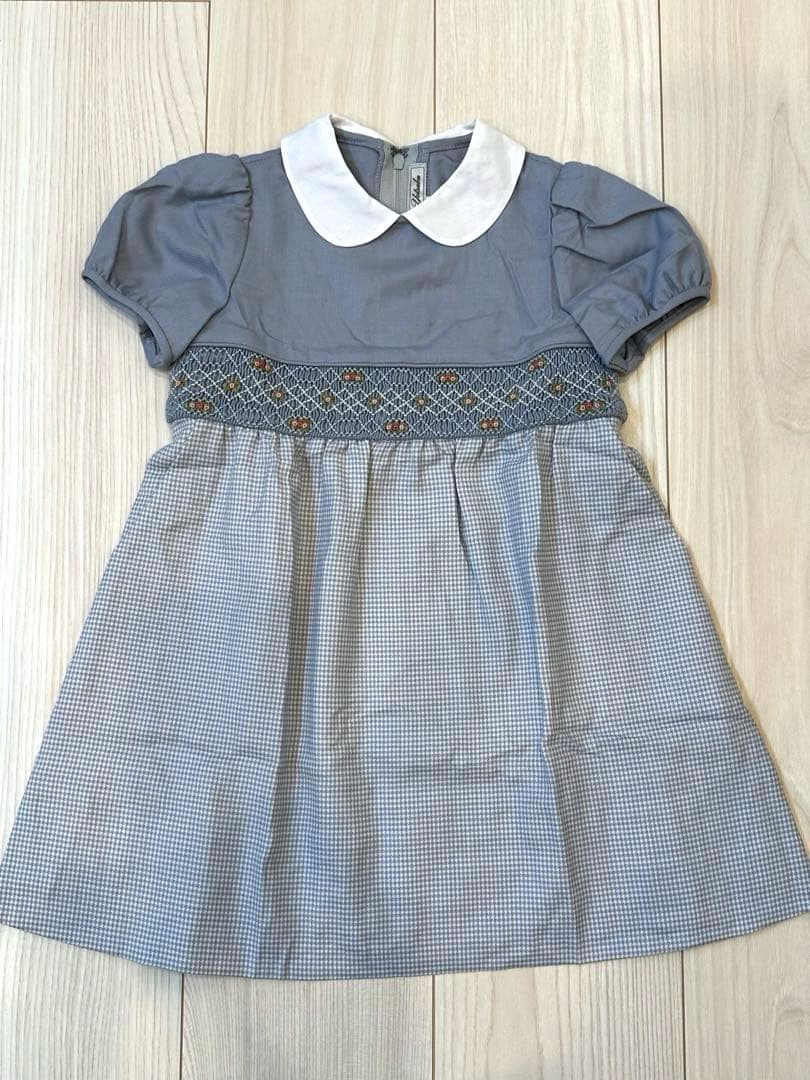 よつば 半袖ワンピース 100 受験 冠婚葬祭　千鳥格子 スモッキング刺繍