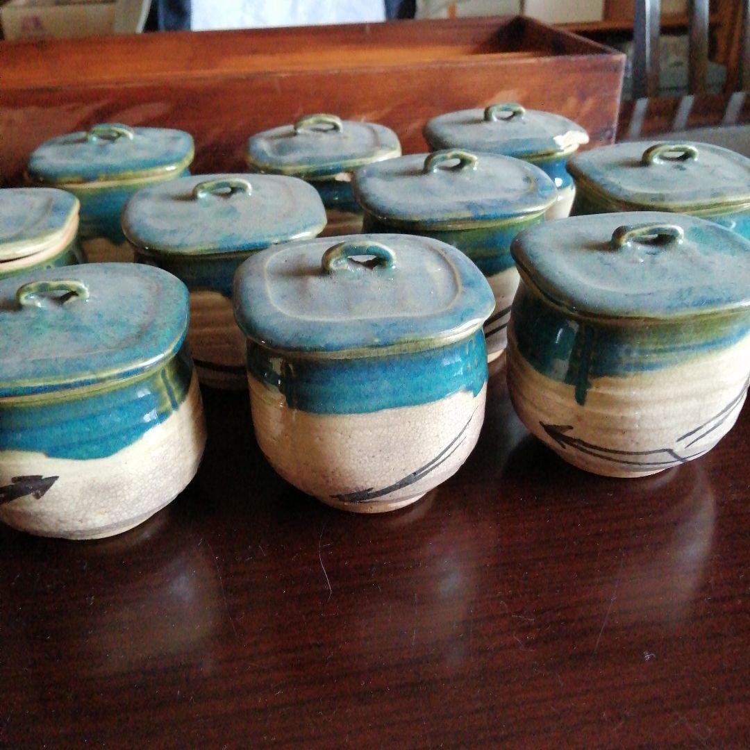 瀬戸焼　加藤作助　織部蓋付四方向付　10客　7.7cm　大正〜昭和初期