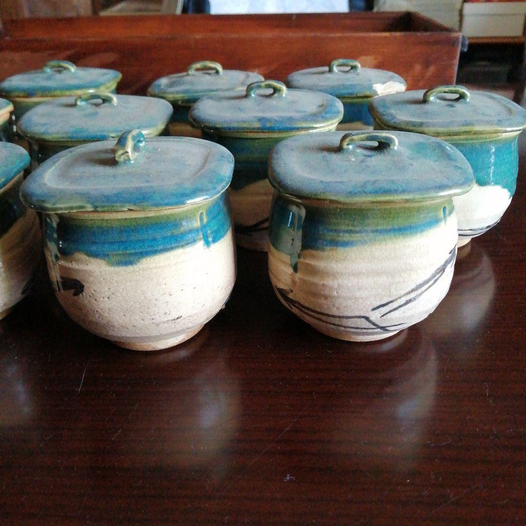 瀬戸焼　加藤作助　織部蓋付四方向付　10客　7.7cm　大正〜昭和初期