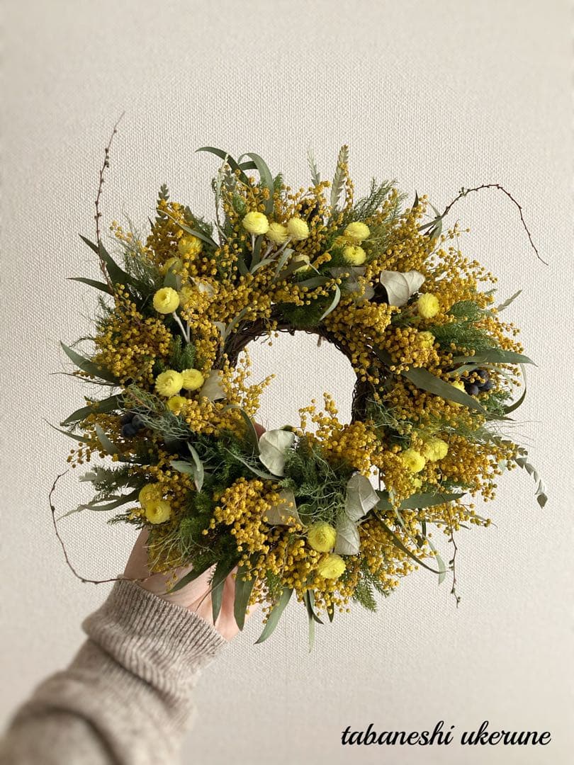 瀬戸内ミモザをふんわりと紡いだリース　ドライフラワー　ギフトボックス入り