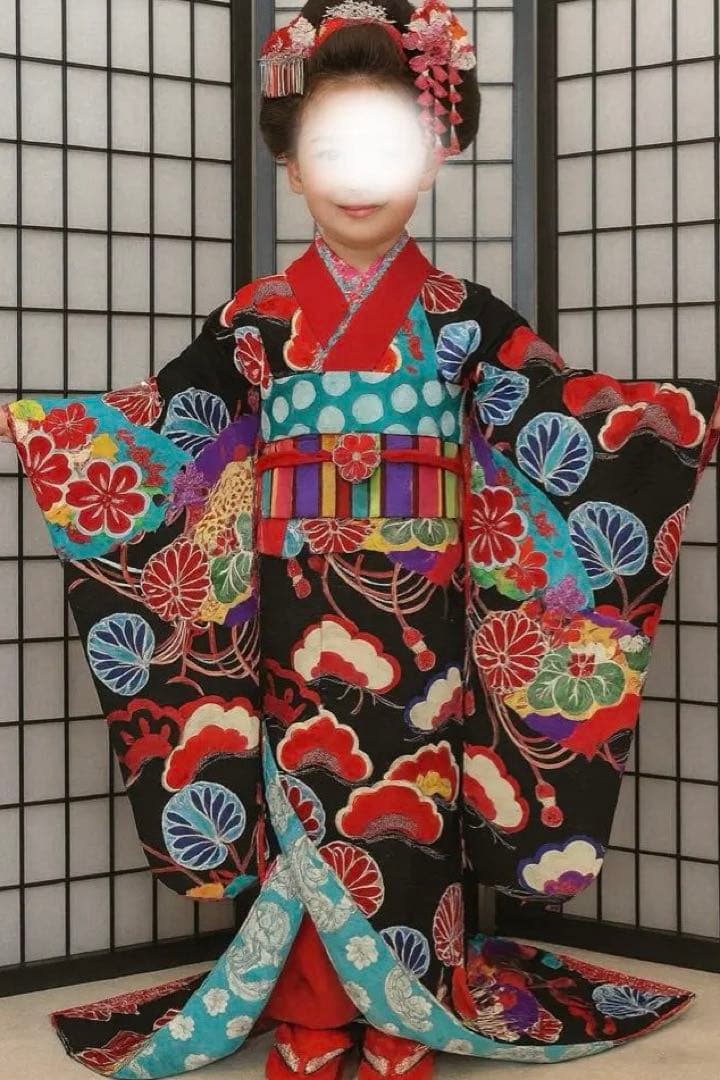七五三　着物セット　7歳　黒色　だらり帯　舞妓スタイル　JAPAN STYLE