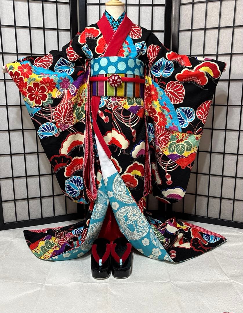 七五三　着物セット　7歳　黒色　だらり帯　舞妓スタイル　JAPAN STYLE