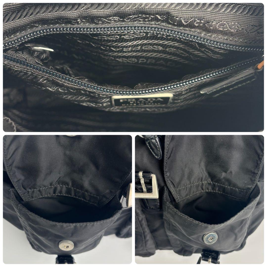 美品 プラダ リュック 巾着 三角ロゴプレート ナイロン レザー ブラック