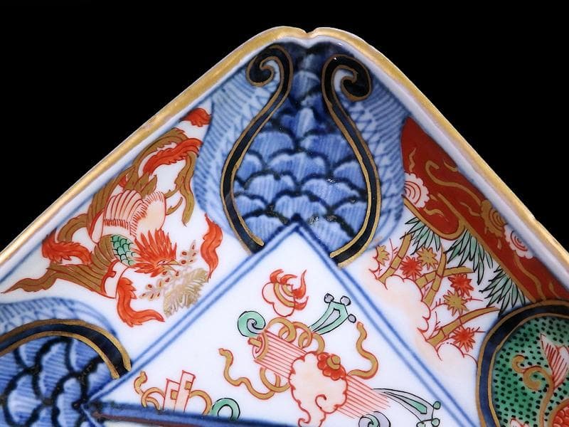 大聖寺伊万里　金襴手　宝尽くしに鳳凰　石畳紋の図　長皿　1296AS-DCn