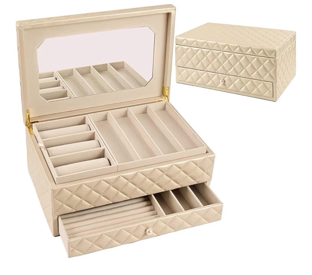 ミラー付きキルティングアクセサリーケース　大容量　ジュエリーケース