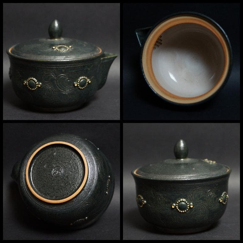 現代陶芸作家 宮里絵美造金彩鉄釉『瓔珞文』宝瓶 湯冷まし煎茶碗(五客) 化粧箱付