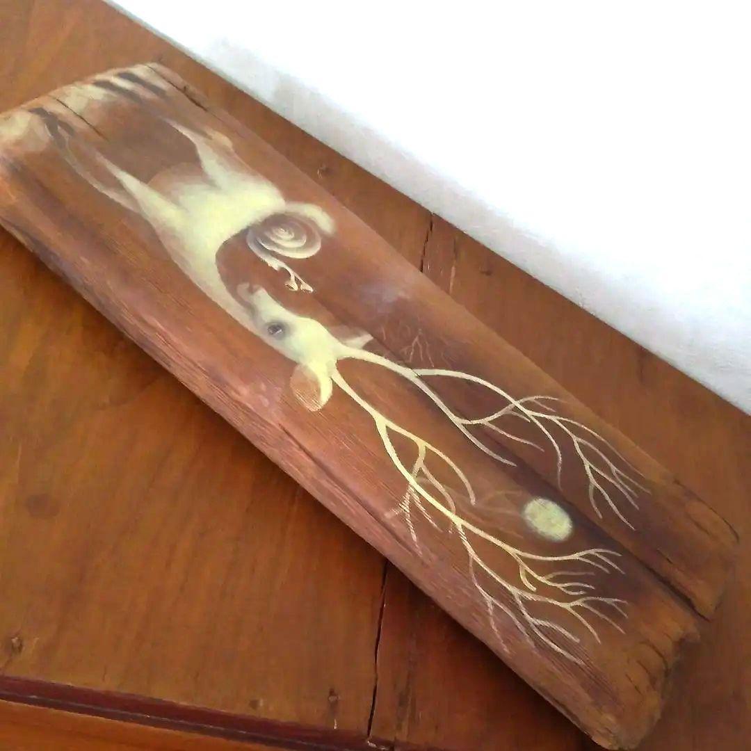 一時値下げプロ作家流木絵画アート工芸品不思議な鹿？カタツムリ蝸牛月