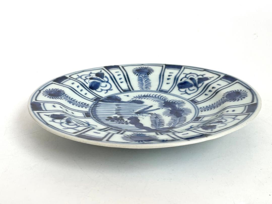 骨董　アンティーク　古伊万里　染付　芙蓉手　飛蝗図　七寸皿　箱付き　渦福