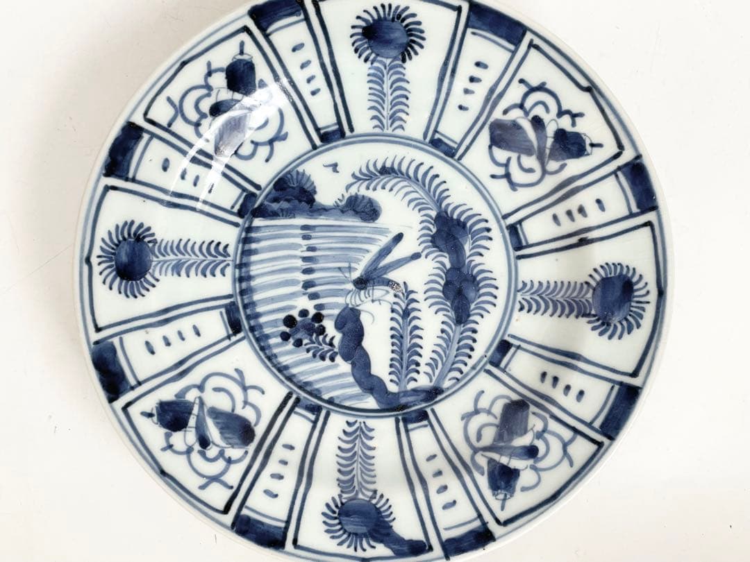 骨董　アンティーク　古伊万里　染付　芙蓉手　飛蝗図　七寸皿　箱付き　渦福