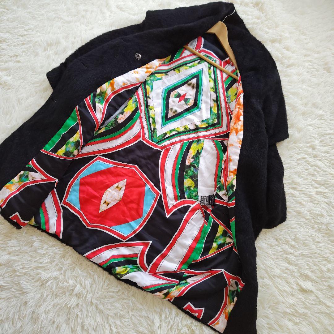 【伊太利屋】イタリヤ　ウール　アルパカ混　ブラック　ロングコート　総柄　Lサイズ