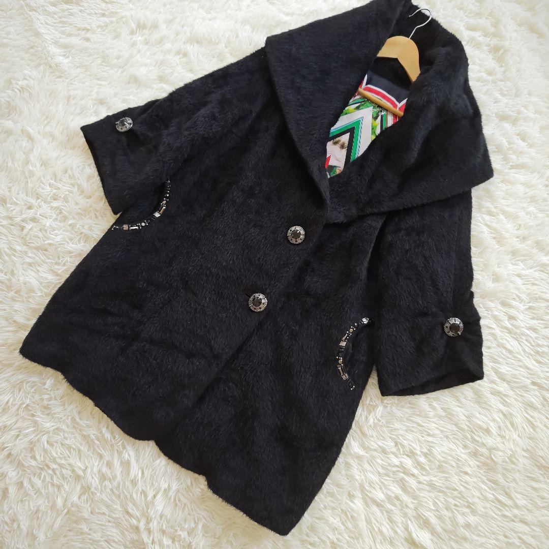 【伊太利屋】イタリヤ　ウール　アルパカ混　ブラック　ロングコート　総柄　Lサイズ