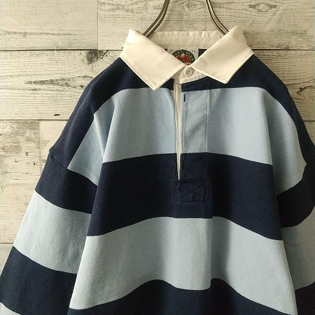 人気サイズ☆バーバリアン 太ボーダー 刺繍 米企業ロゴ ラガーシャツ XL