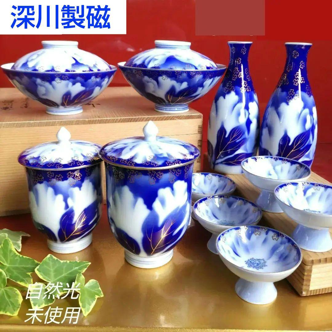 深川製磁　瑠璃牡丹金ミル　睦碗ご飯茶碗　夫婦茶碗組湯呑み　酒器揃木箱入10万以上