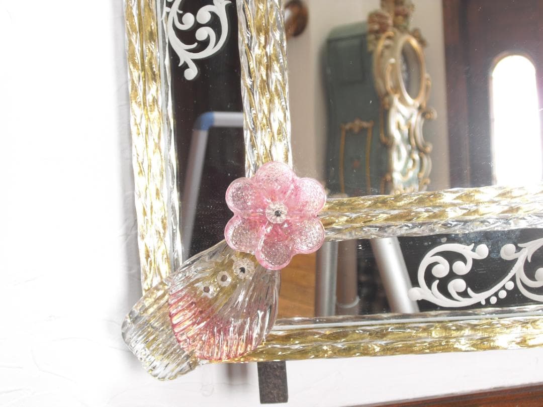 希少☆イタリア製☆ ベネチアンムラノガラス ミラー☆大型壁掛け鏡☆52×75cm