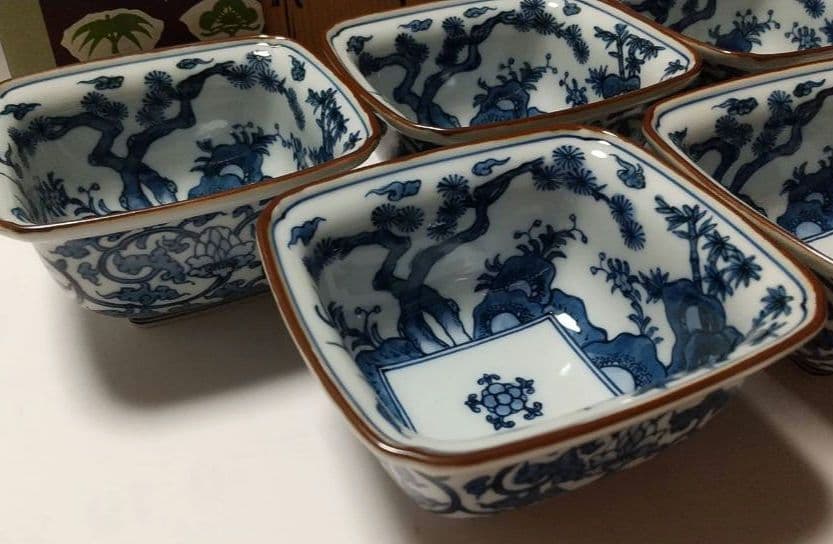 源右衛門窯 染付 松竹梅 角小鉢 鉢 5客組 共箱 未使用品