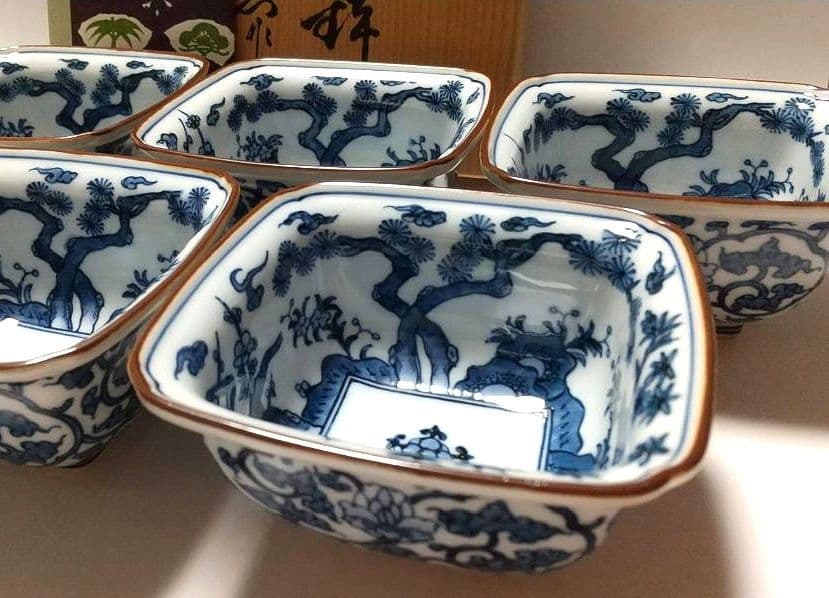源右衛門窯 染付 松竹梅 角小鉢 鉢 5客組 共箱 未使用品