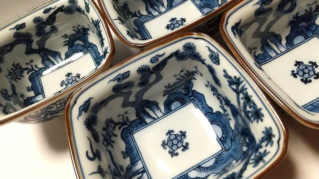 源右衛門窯 染付 松竹梅 角小鉢 鉢 5客組 共箱 未使用品