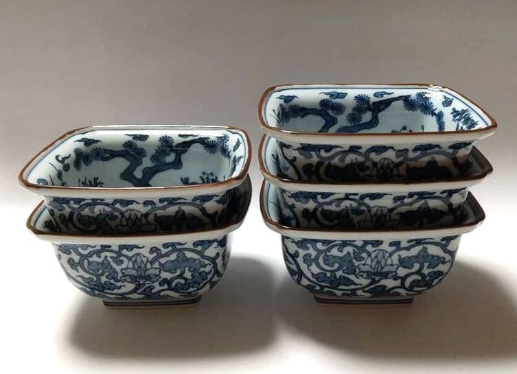 源右衛門窯 染付 松竹梅 角小鉢 鉢 5客組 共箱 未使用品