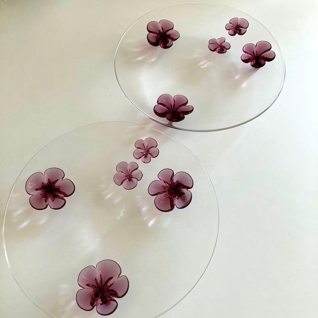 スガハラガラス カメリア　プレート　2枚セット　ワインレッド