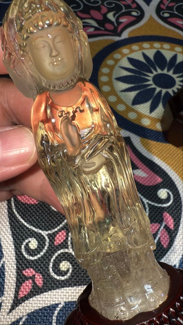 特注手彫り専用台座 天然シトリン 三面観音菩薩 観世音菩薩 手彫り彫刻立象 置物