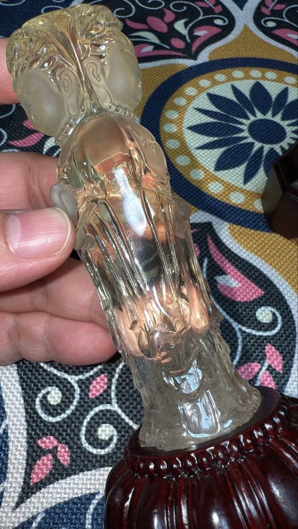 特注手彫り専用台座 天然シトリン 三面観音菩薩 観世音菩薩 手彫り彫刻立象 置物