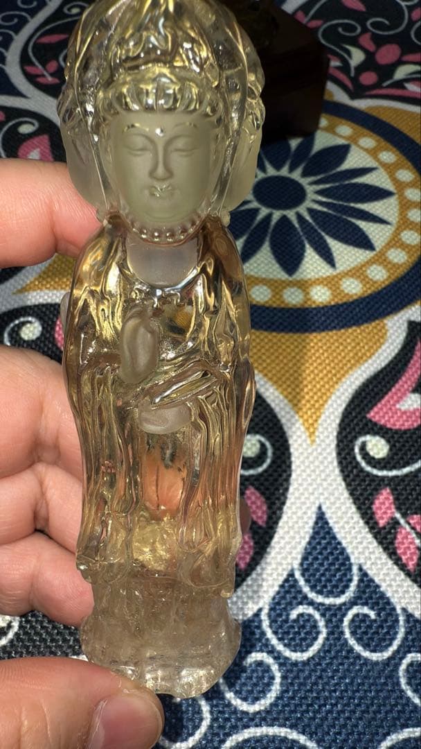 特注手彫り専用台座 天然シトリン 三面観音菩薩 観世音菩薩 手彫り彫刻立象 置物