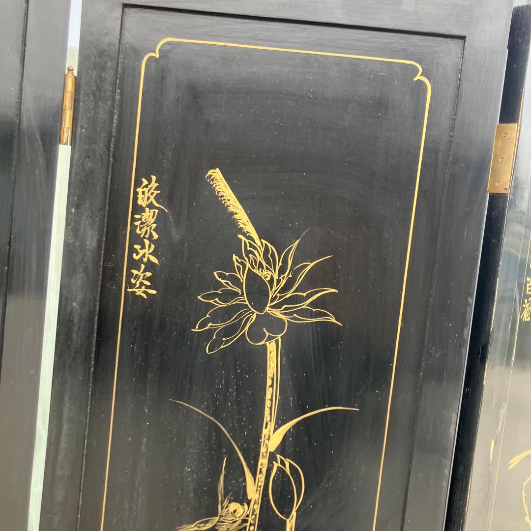 中国骨董 螺鈿細工 兵士 古典画装飾彫り 木製 4連パーテーション 衝立 屏風