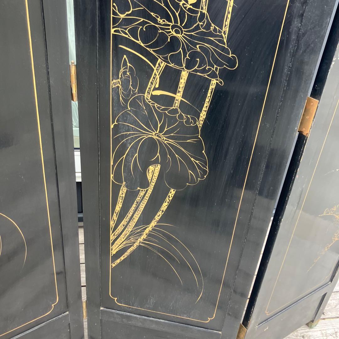 中国骨董 螺鈿細工 兵士 古典画装飾彫り 木製 4連パーテーション 衝立 屏風