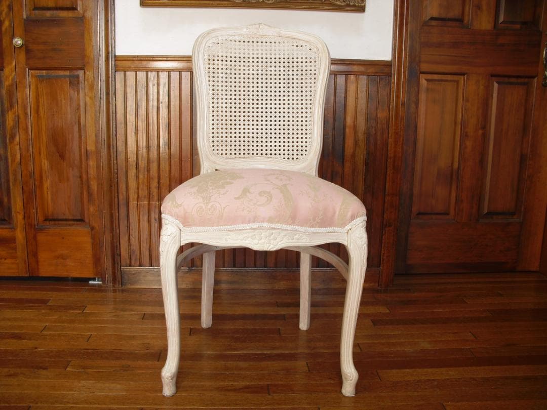 イタリア製 木製チェア☆背もたれメッシュ 木彫 草花ピンクファブリック張替済