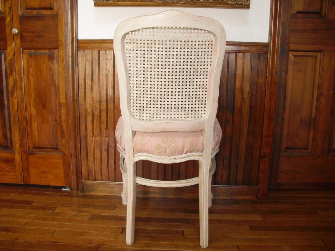 イタリア製 木製チェア☆背もたれメッシュ 木彫 草花ピンクファブリック張替済