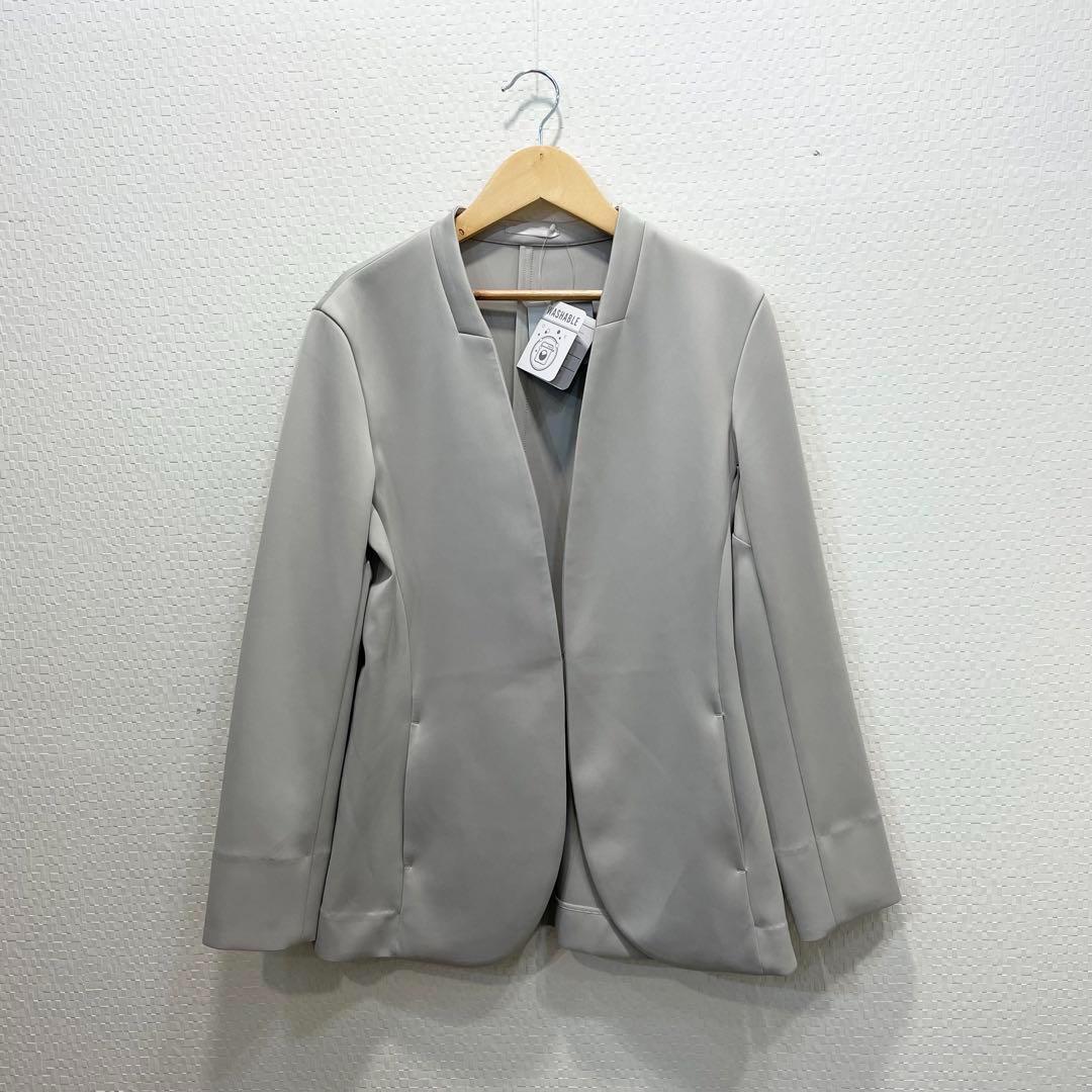 新品 スーツセレクト セットアップ ワイドパンツ ノーカラースーツ グレージュM