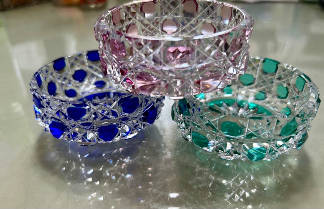 江戸切子　八角籠目　小鉢　3色セット　瀧澤利夫作