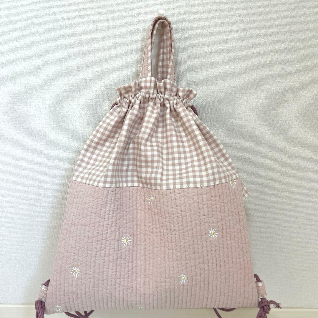 入園入学4点セット　【ピンクお花ヌビ×くすみピンク】　女の子　レッスンバッグ